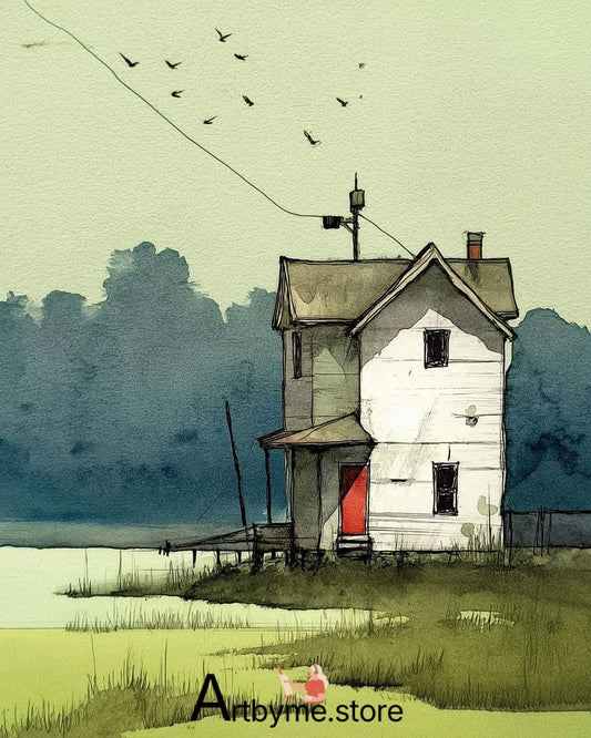 Lonely House with Red Door - Minimalist Watercolor Landscape Printable Wall Art