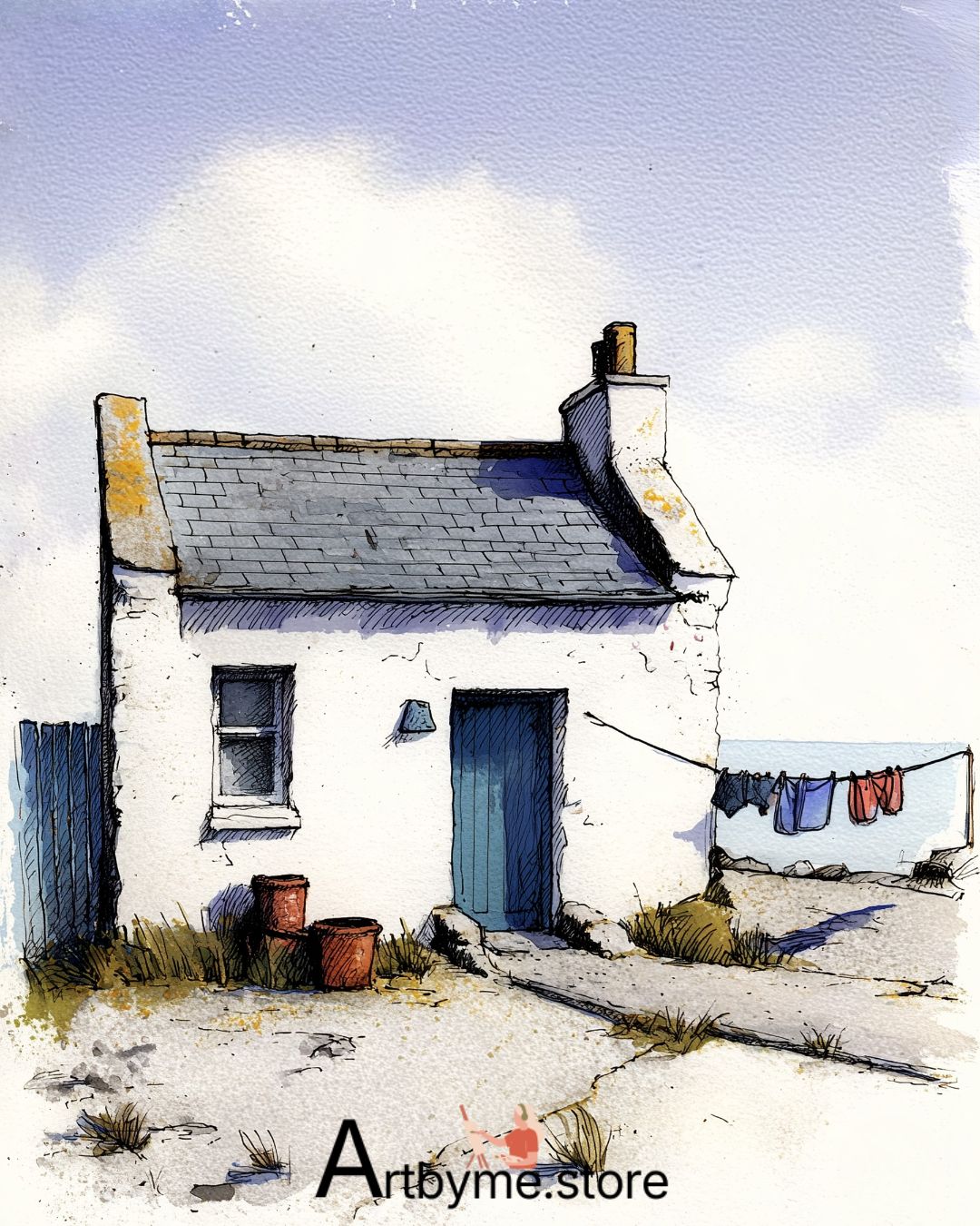 Quiet Seaside Living Watercolor Art – Coastal Printable Landscape