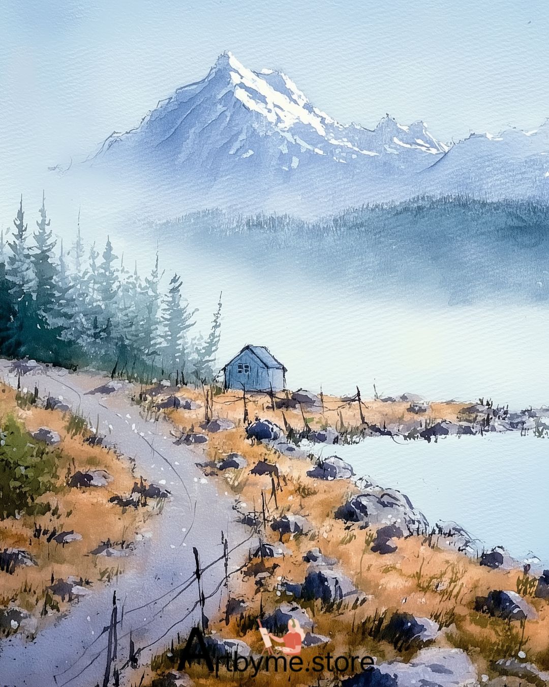 Solitary Cabin Under Snowy Peaks – Winter Mountain Printable Art