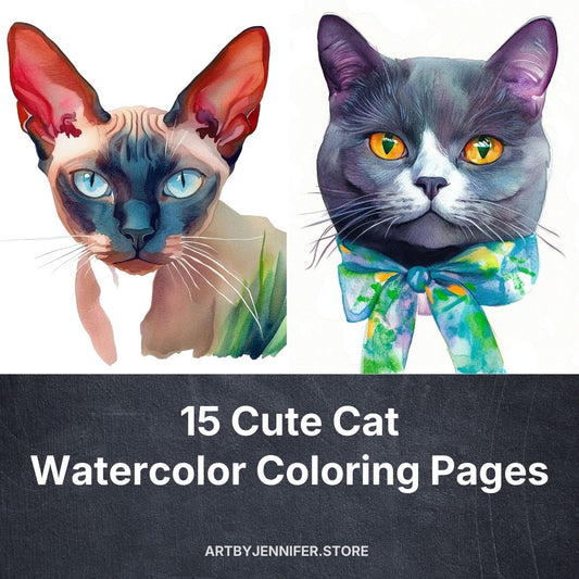 15 Cute Cat Watercolor Coloring Pages