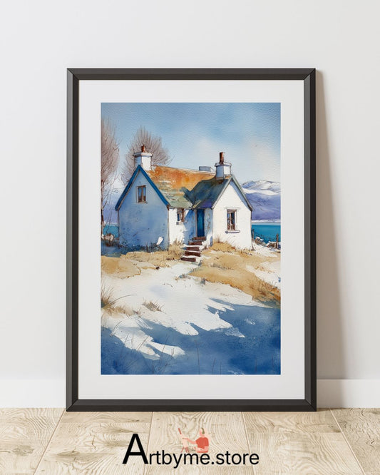 Peaceful Winter Lakeside Cottage – Minimalist Watercolor Printable Art