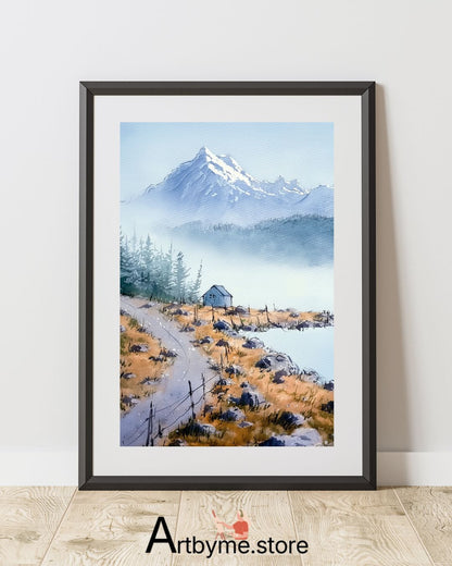 Solitary Cabin Under Snowy Peaks – Winter Mountain Printable Art