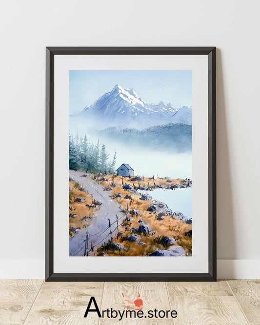 Solitary Cabin Under Snowy Peaks – Winter Mountain Printable Art