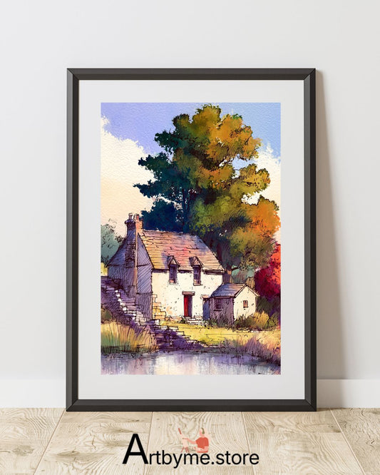Cozy Stone Cottage Autumn Landscape – Watercolor Printable Art