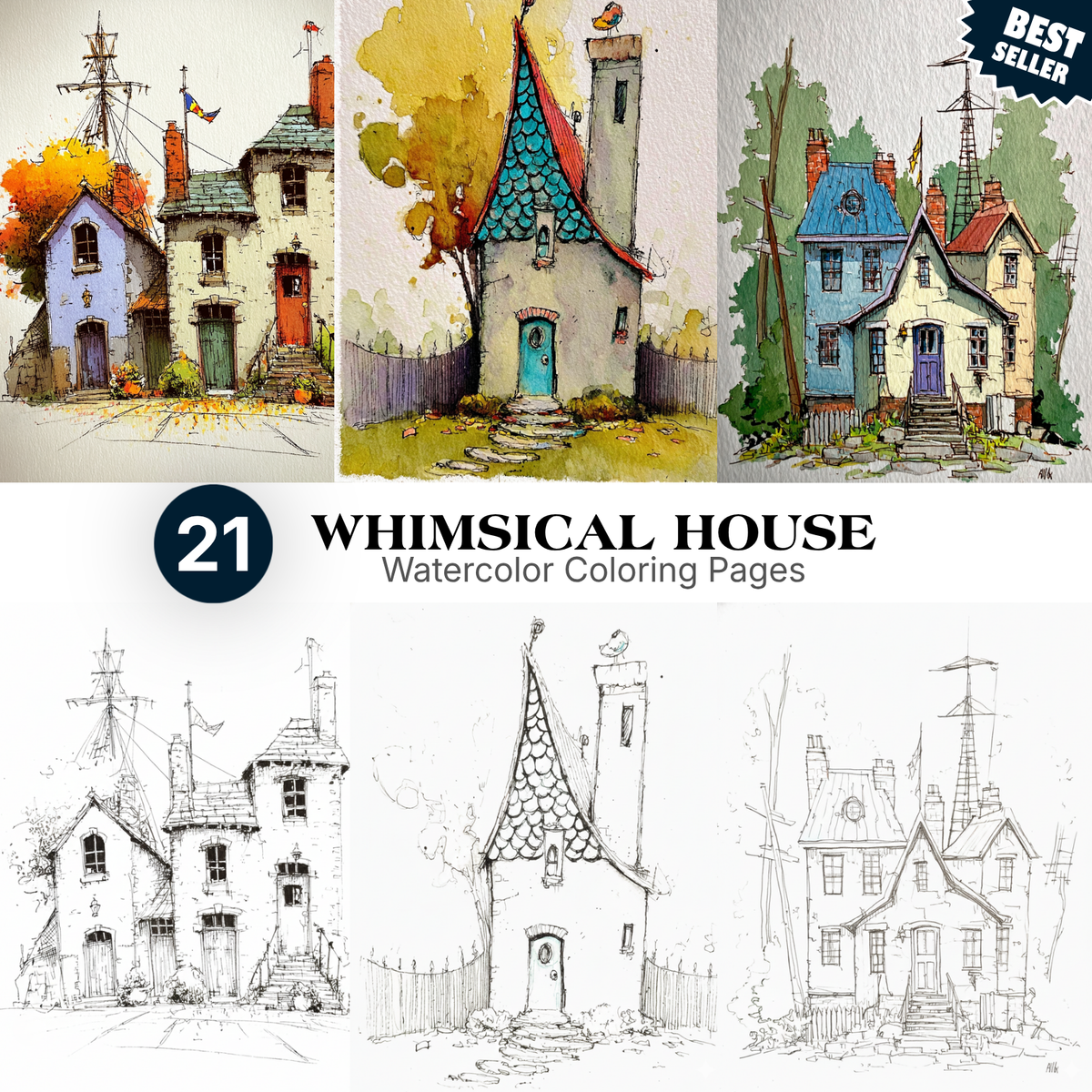 21 Whimsical House Watercolor Coloring Pages