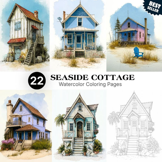 22 Seaside Cottage Coloring Pages - Watercolor-Style Coastal Houses