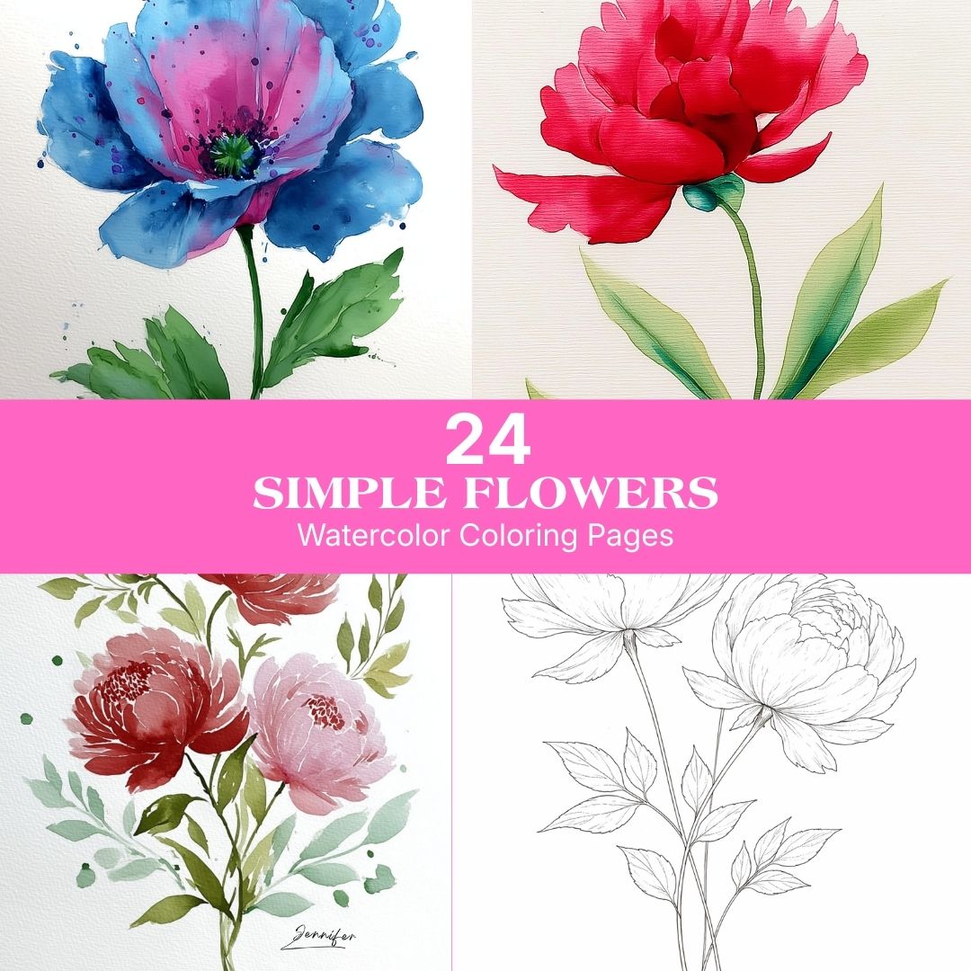 24 Simple Flowers Watercolor Coloring Pages