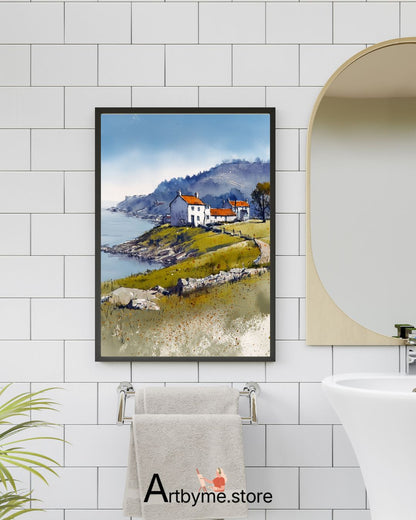 Red Roof Coastal Village Art – Scenic Watercolor Printable