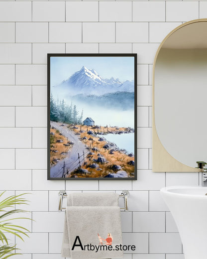 Solitary Cabin Under Snowy Peaks – Winter Mountain Printable Art