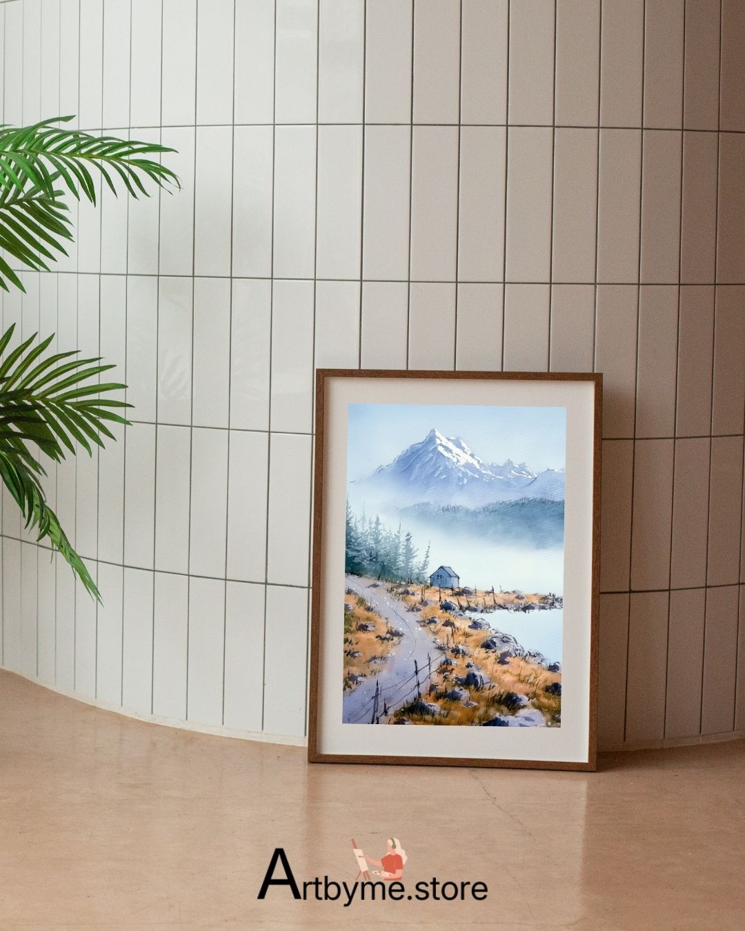 Solitary Cabin Under Snowy Peaks – Winter Mountain Printable Art