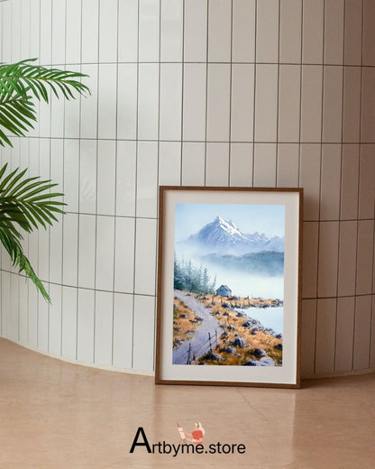 Solitary Cabin Under Snowy Peaks – Winter Mountain Printable Art
