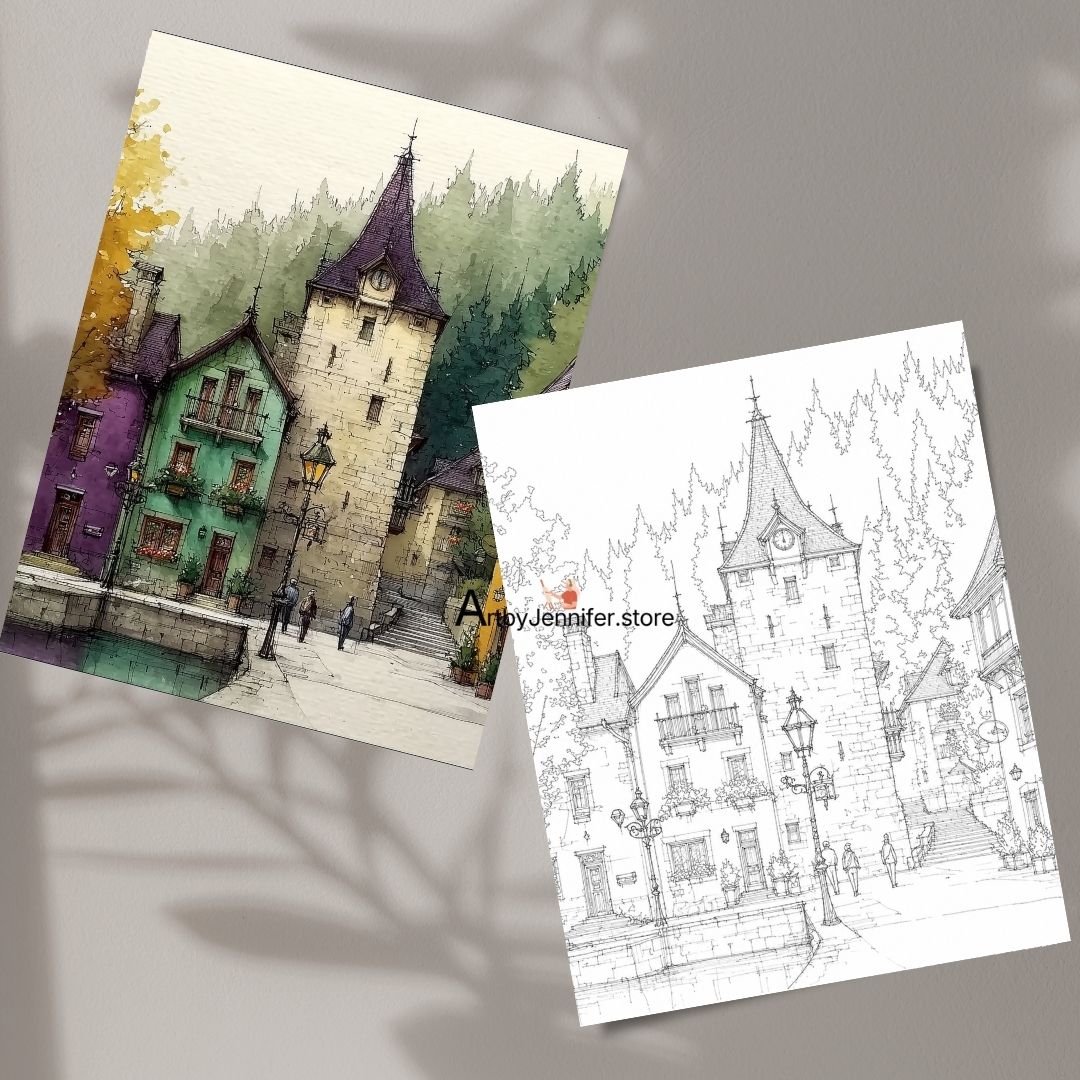 15 Colorful Town Scenes Watercolor Coloring Pages