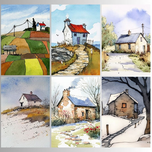 Eclectic Countryside: Set of 6 Whimsical Cottage Watercolor Prints