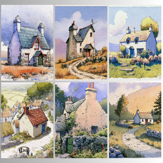 Rustic Countryside: Set of 6 Vintage Cottage Watercolor Prints