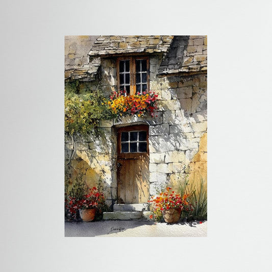 Rustic Stone Cottage – Fine Art Watercolor Print